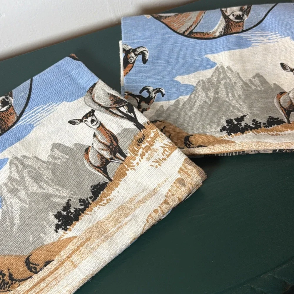 Vintage Linen Tea Towels Woodland Wildlife Animals Deer Elk Bison Cabin Decor 2